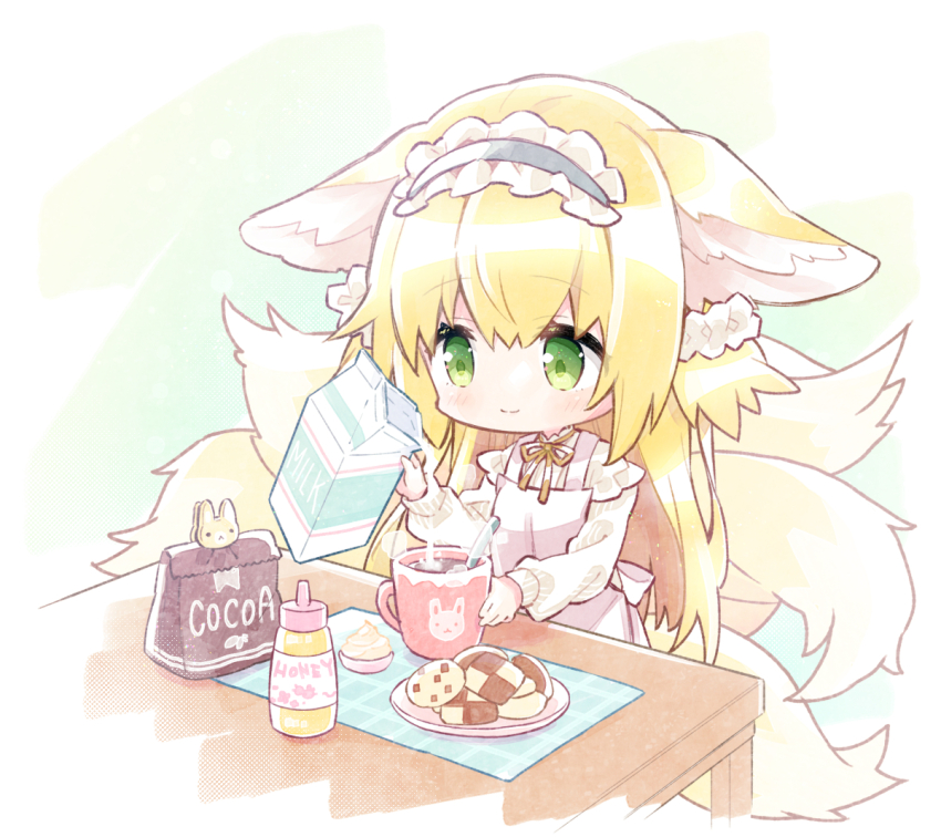 1girl alternate_costume animal_ears apron arknights blonde_hair blue_hairband closed_mouth commentary_request cookie cup food fox_ears fox_girl fox_tail frilled_hairband frills green_eyes hairband honey hot_chocolate kitsune kyuubi long_sleeves milk_carton multiple_tails neck_ribbon pink_apron puffy_long_sleeves puffy_sleeves ribbon smile solo suzuran_(arknights) tail takamura_masaya