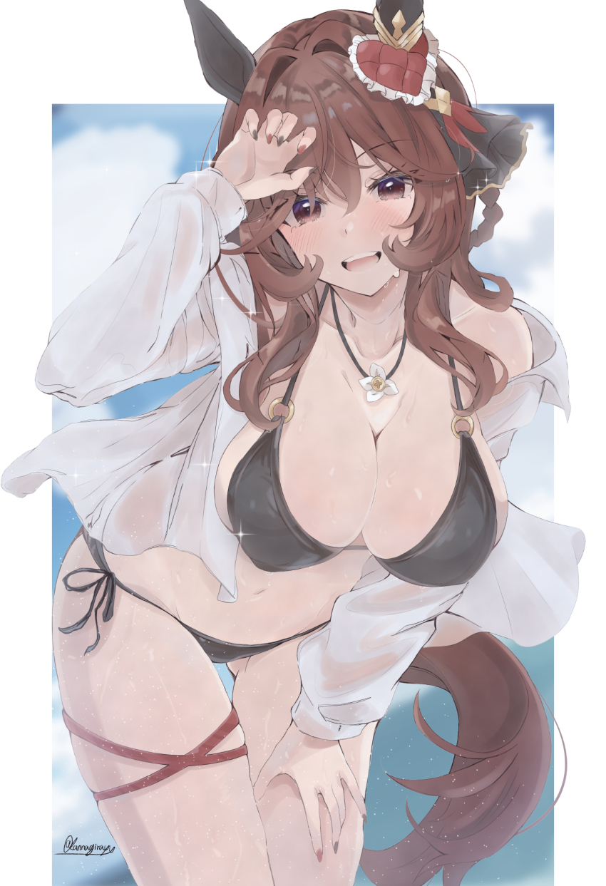 1girl animal_ears bikini black_bikini breasts brown_eyes brown_hair commentary_request ear_covers ear_ornament gentildonna_(umamusume) highres horse_ears horse_tail jewelry kannagiray large_breasts looking_at_viewer necklace o-ring o-ring_bikini o-ring_top open_mouth shirt side-tie_bikini_bottom solo swimsuit tail teeth thigh_strap umamusume white_shirt