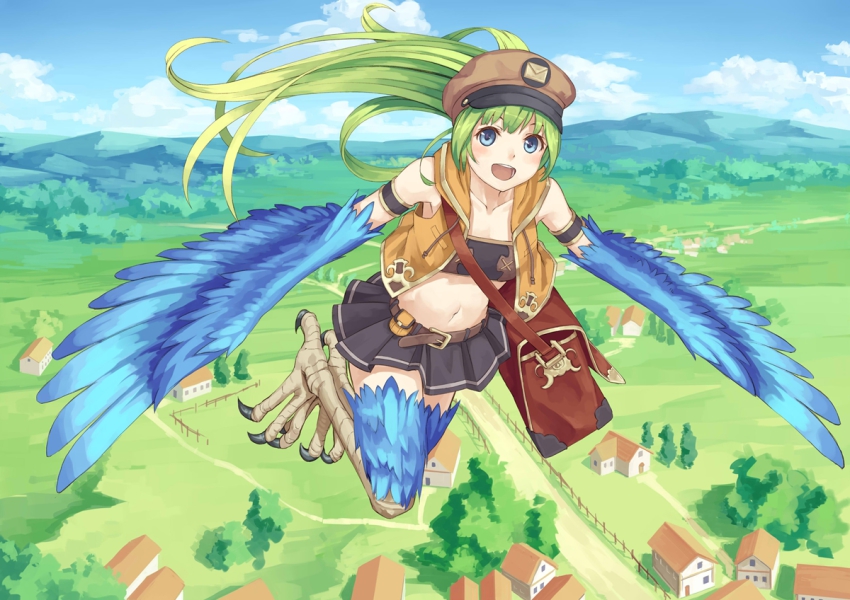 1girl :d bag belt blue_eyes building eichisu female_focus green_hair harpy hat landscape long_hair looking_at_viewer mailman midriff monster_girl mountain navel open_mouth original skirt smile solo strapless tube_top winged_arms wings