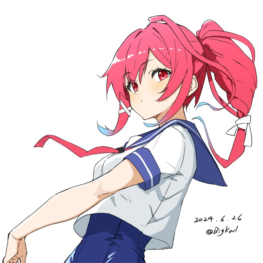 1girl absurdres bigkwl blue_one-piece_swimsuit blue_sailor_collar dated highres i-168_(kancolle) kantai_collection kneeling long_hair looking_at_viewer neckerchief one-hour_drawing_challenge one-piece_swimsuit pink_neckerchief ponytail red_eyes red_hair sailor_collar sailor_shirt school_swimsuit school_uniform serafuku shirt simple_background solo swimsuit swimsuit_under_clothes twitter_username upper_body white_background white_shirt