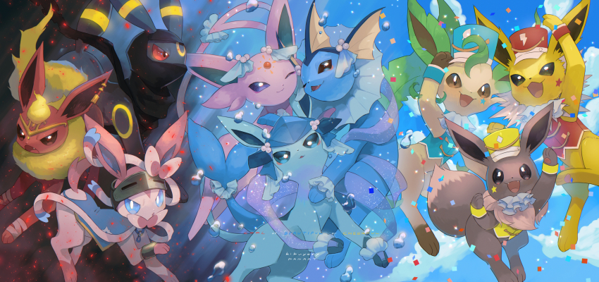 ascot bow cape clothed_pokemon confetti creatures_(company) eevee embers espeon evolutionary_line fangs fins fish_tail flareon frilled_cuffs game_freak gen_1_pokemon gen_2_pokemon gen_4_pokemon gen_6_pokemon glaceon hair_bow hat highres jolteon kikuyoshi_(tracco) leafeon mask nintendo open_mouth pokemon pokemon_(creature) shako_cap shawl smile sylveon tail fish_tail umbreon vaporeon visor_(armor) water_drop wrist_cuffs