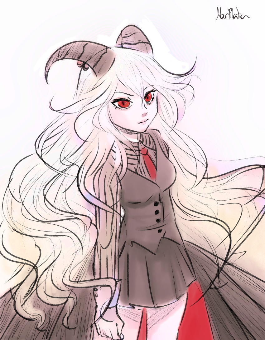 1girl demon_girl demon_horns formal_clothes funamusea highres horns long_hair moonplata red_eyes reficul_(funamusea) solo very_long_hair white_hair