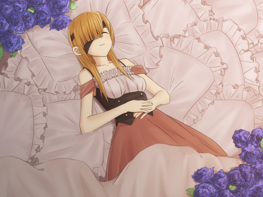 1girl blue_flower blue_rose blunt_bangs clip_studio_paint_(medium) dress elfenlied22 eyepatch fate/grand_order fate_(series) flower hair_over_one_eye long_hair long_sideburns lying on_back ophelia_phamrsolone pillow rose sideburns sleeping solo