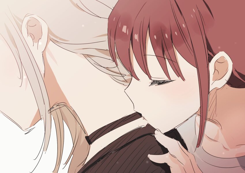 2girls black_choker black_sweater choker closed_eyes commentary girls_band_cry grey_hair grey_shirt habsida_(habsida_hpy) hand_on_another&#039;s_shoulder hashtag-only_commentary highres iseri_nina kawaragi_momoka kiss kissing_neck long_hair multiple_girls red_hair shirt simple_background sweater white_background yuri