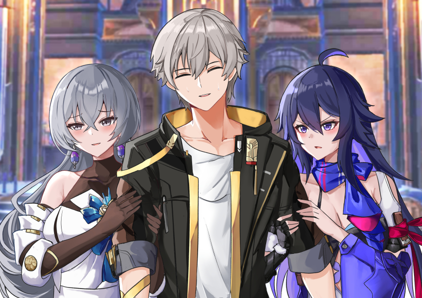 1boy 2girls absurdres ahoge bare_shoulders black_jacket blue_hair blush breasts bronya_rand caelus_(honkai:_star_rail) closed_eyes collarbone detached_sleeves earrings elbow_gloves gloves grey_eyes grey_hair hetero highres honkai:_star_rail honkai_(series) jacket jewelry leotard locked_arms long_hair medium_breasts multiple_girls parted_lips purple_eyes scarf seele_(honkai:_star_rail) shirt short_hair tian_kazuki trailblazer_(honkai:_star_rail) white_shirt