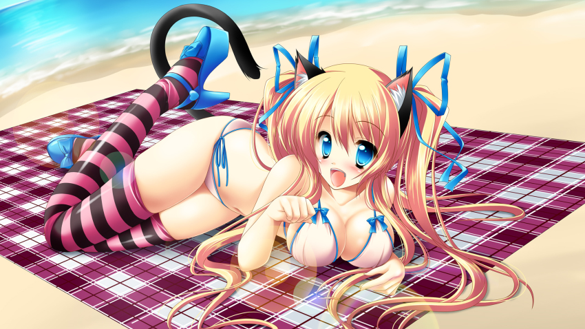 1girl animal_ears beach bikini blonde_hair blue_eyes blush bow breasts cat_ears cat_tail cleavage day female_focus hair_ribbon high_heels highres kamiya_tomoe large_breasts legs lens_flare long_hair ocean original paw_pose pink_thighhighs ribbon shoes side-tie_bikini_bottom solo string_bikini striped_clothes striped_thighhighs swimsuit tail thighhighs twintails