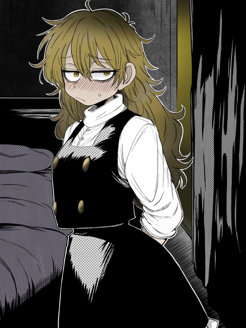 1girl absurdres arms_behind_back bed black_eyeliner black_skirt black_vest blonde_hair blush eyelashes eyeliner highres hotel_room kirisame_marisa long_hair long_sleeves looking_at_another makeup mascara messy_hair pillow sanpaku shirt shy sidelocks skirt sleeves_rolled_up solo sweat touhou turtleneck vest voyagehermitage white_shirt yellow_eyes