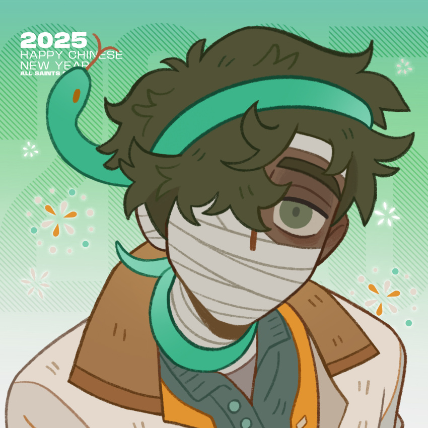 1boy 2025 abu_(all_saints_street) all_saints_street bandage_over_one_eye bandaged_head bandaged_neck bandages chinese_commentary chinese_new_year chinese_zodiac collared_shirt commentary_request dark-skinned_male dark_skin fireworks gradient_background green_background green_eyes green_hair green_shirt hair_over_one_eye highres jacket looking_at_viewer male_focus official_art portrait profile shirt short_hair simple_background snake snake_wrapped_around_neck solo white_jacket wing_collar year_of_the_snake