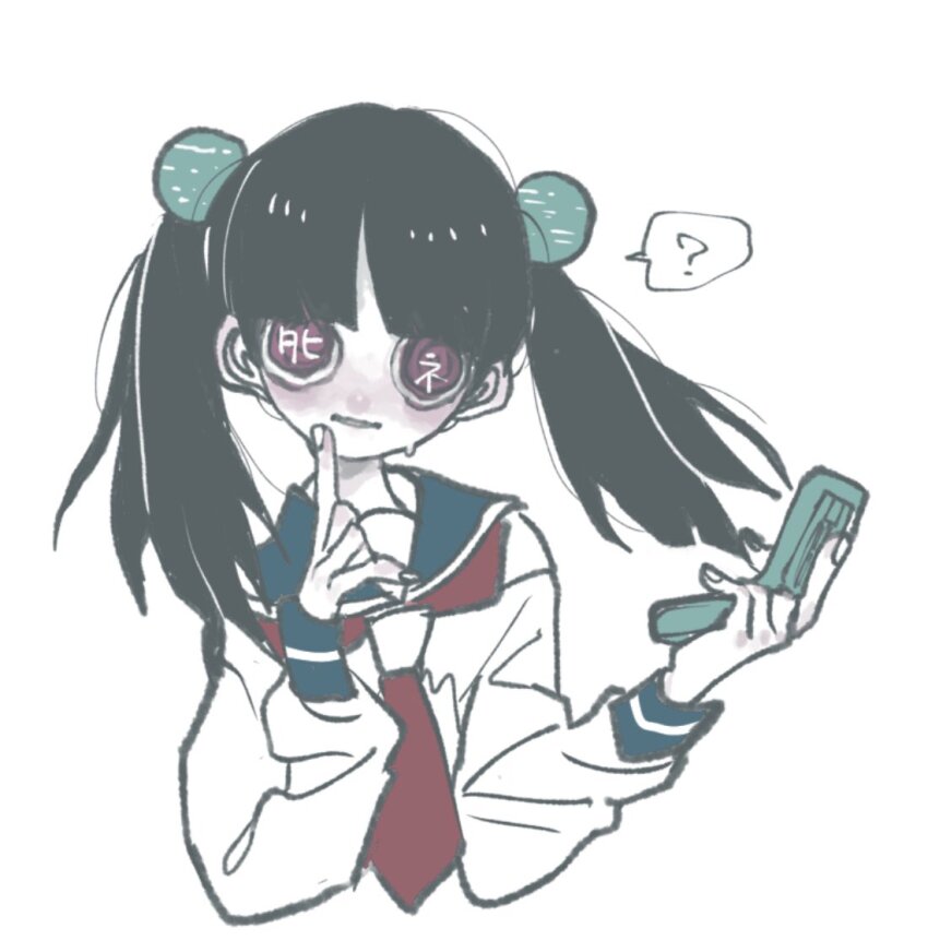 1girl ? black_hair blue_sailor_collar blunt_bangs cellphone cropped_torso finger_to_own_chin flip_phone hair_ornament hands_up head_tilt holding holding_phone light_smile long_hair long_sleeves looking_at_viewer namekuji_(kagaai_love) neckerchief otonashi_meru parted_lips phone purple_eyes red_neckerchief ringed_eyes sailor_collar sayonara_zetsubou_sensei school_uniform serafuku shirt simple_background solo spoken_question_mark sweat text_in_eyes twintails upper_body white_background white_shirt