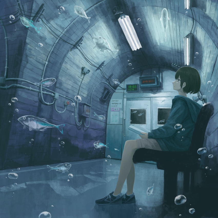 1girl air_bubble blue_eyes blue_hoodie bob_cut brown_hair bubble clock closed_mouth commentary_request digital_clock door fish fluorescent_lamp gensuke_(ryun) highres hood hoodie indoors long_sleeves original puffy_sleeves short_hair shorts sidelocks sign sitting solo surreal translated underwater white_shorts wire