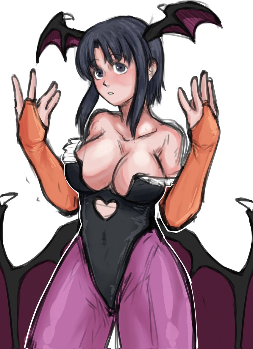 1girl absurdres ameh_li animal_print azumanga_daiou bat_print black_hair blue_eyes breasts cleavage cosplay darkstalkers fur-trimmed_leotard fur_trim head_wings highres kurosawa_minamo large_breasts leotard morrigan_aensland morrigan_aensland_(cosplay) pantyhose short_hair short_hair_with_long_locks sidelocks solo wings