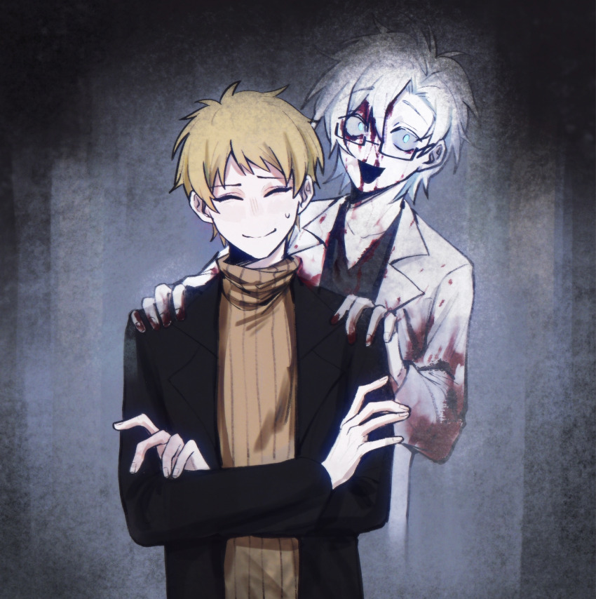 2boys atou_haruki black_jacket black_shirt blonde_hair blood blood_on_clothes blood_on_face blue_eyes brown_sweater chinese_commentary closed_eyes closed_mouth commentary_request constricted_pupils crossed_arms facing_viewer glasses gouzixingyan hands_on_another&#039;s_shoulders highres jacket kanou_aogu lab_coat long_sleeves male_focus multiple_boys open_clothes open_jacket open_mouth rectangular_eyewear ribbed_sweater saibou_shinkyoku semi-rimless_eyewear shirt short_hair simple_background smile solo sweater turtleneck turtleneck_sweater upper_body v-neck white_background white_hair