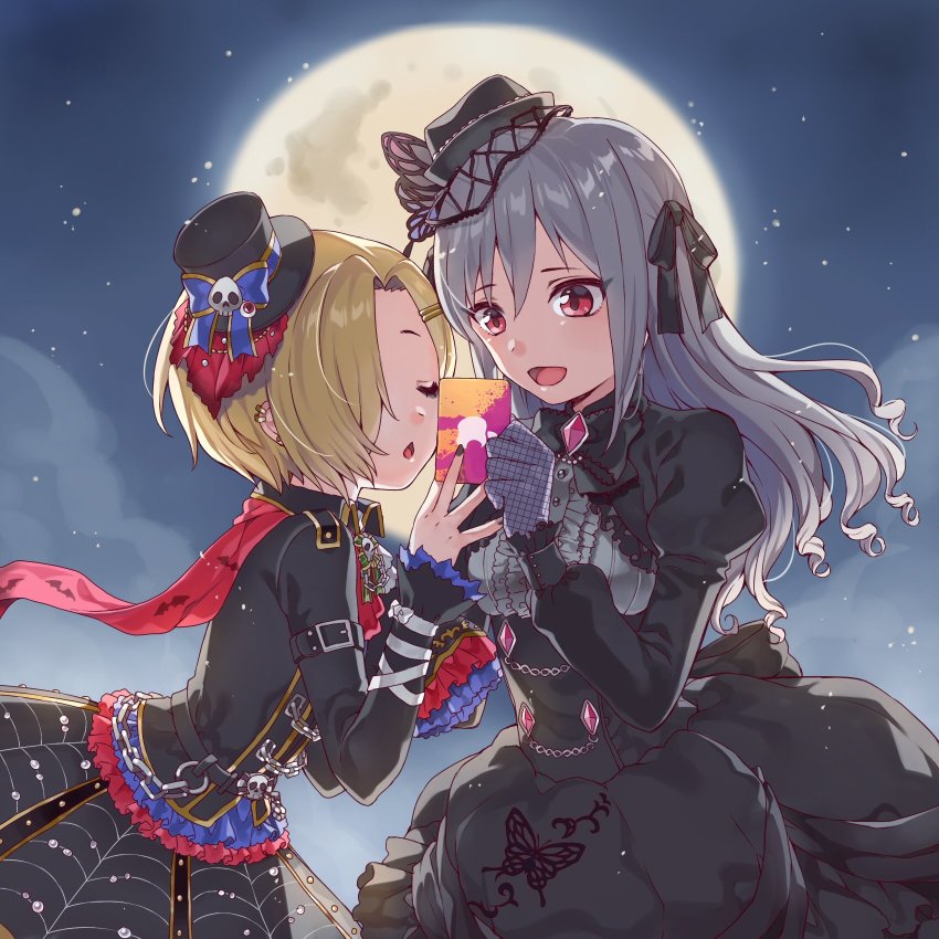 10s 2girls :d chain chestnut_mouth closed_eyes full_moon gift_card gloves gothic_lolita hair_down hair_over_one_eye hat highres idolmaster idolmaster_cinderella_girls idolmaster_cinderella_girls_starlight_stage itunes kanzaki_ranko lolita_fashion long_hair long_sleeves moon multiple_girls open_mouth rojiko shirasaka_koume silver_hair sleeves_past_wrists smile