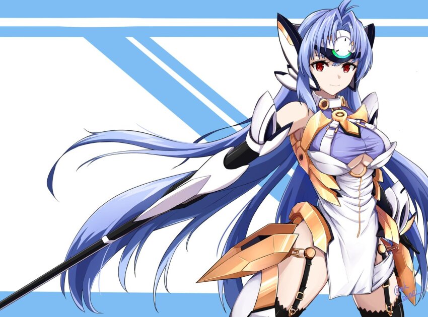 1girl arm_blade blue_background blue_hair breasts closed_mouth commentary forehead_protector garter_straps kos-mos kos-mos_ver._4 large_breasts long_hair looking_at_viewer makibane_(mkbane) red_eyes smile solo standing two-tone_background very_long_hair weapon white_background xenosaga xenosaga_episode_iii