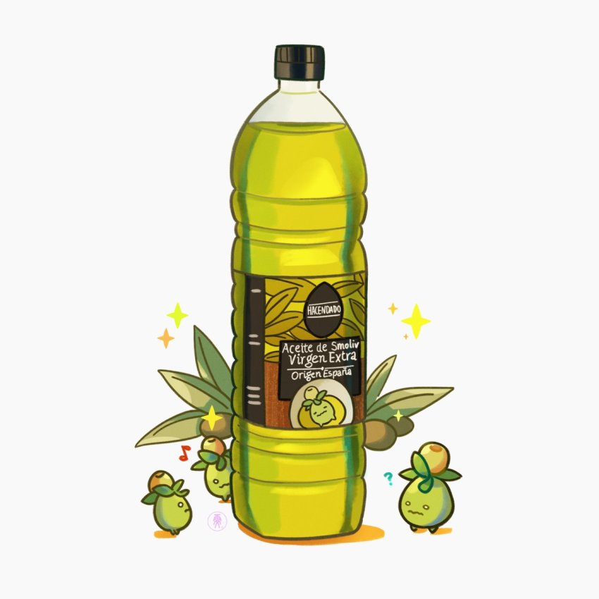 ? bottle character_print closed_mouth commentary_request creatures_(company) game_freak highres label liquid looking_up musical_note nintendo no_humans o_o olive_oil pokemon pokemon_(creature) simple_background smoliv sparkle wavy_mouth wennchu white_background