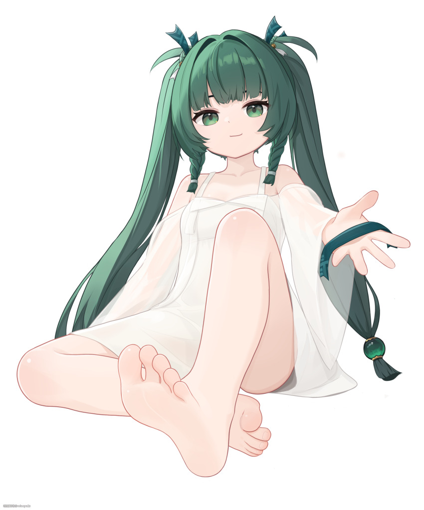 1girl absurdres android barefoot blunt_bangs closed_mouth feet full_body green_eyes green_hair highres long_hair looking_at_viewer miaopa2s qingyi_(zenless_zone_zero) sidelocks simple_background smile soles solo white_background zenless_zone_zero