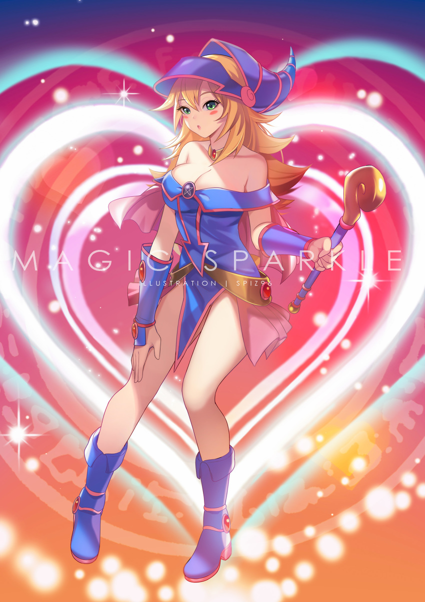 1girl absurdres blonde_hair blue_eyes breasts cleavage dark_magician_girl english_text gloves highres large_breasts long_hair looking_at_viewer solo spiz yu-gi-oh!