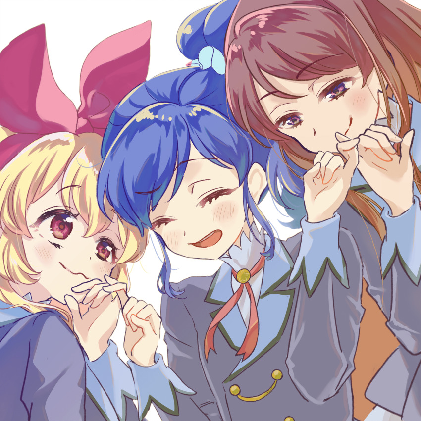 3girls aikatsu! aikatsu!_(series) blonde_hair blue_hair blue_jacket blue_scrunchie bow closed_eyes dot_nose furrowed_brow hair_bow hair_ornament hair_scrunchie hand_up highres hoshimiya_ichigo jacket kiriya_aoi lapels long_hair long_sleeves looking_at_another multiple_girls notched_lapels open_mouth pinky_swear purple_eyes raised_eyebrow red_bow red_eyes red_hair red_ribbon ribbon school_uniform scrunchie shibuki_ran side_ponytail sidelocks simple_background smile starlight_academy_school_uniform stellaxpost straight_hair teeth upper_teeth_only wavy_mouth white_background