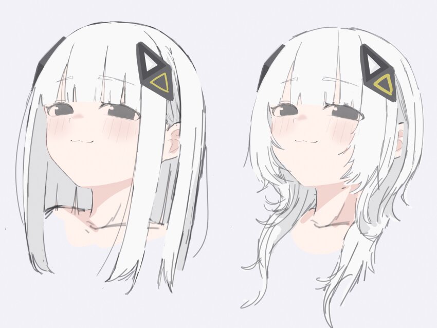 1girl :3 absurdres alternate_hairstyle blunt_bangs blush cevio closed_mouth cropped_shoulders grey_background grey_eyes hair_ornament highres kafu_(cevio) kamitsubaki_studio looking_at_viewer medium_hair no_pupils saka_(sa_ka) simple_background variations white_hair