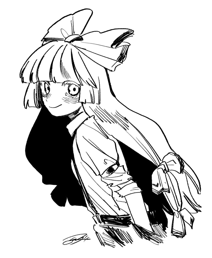 1girl blunt_bangs blunt_tresses bow from_side fujiwara_no_mokou greyscale hair_bow hand_in_pocket highres kz_m_i long_hair looking_at_viewer monochrome signature sleeves_rolled_up smile solo touhou