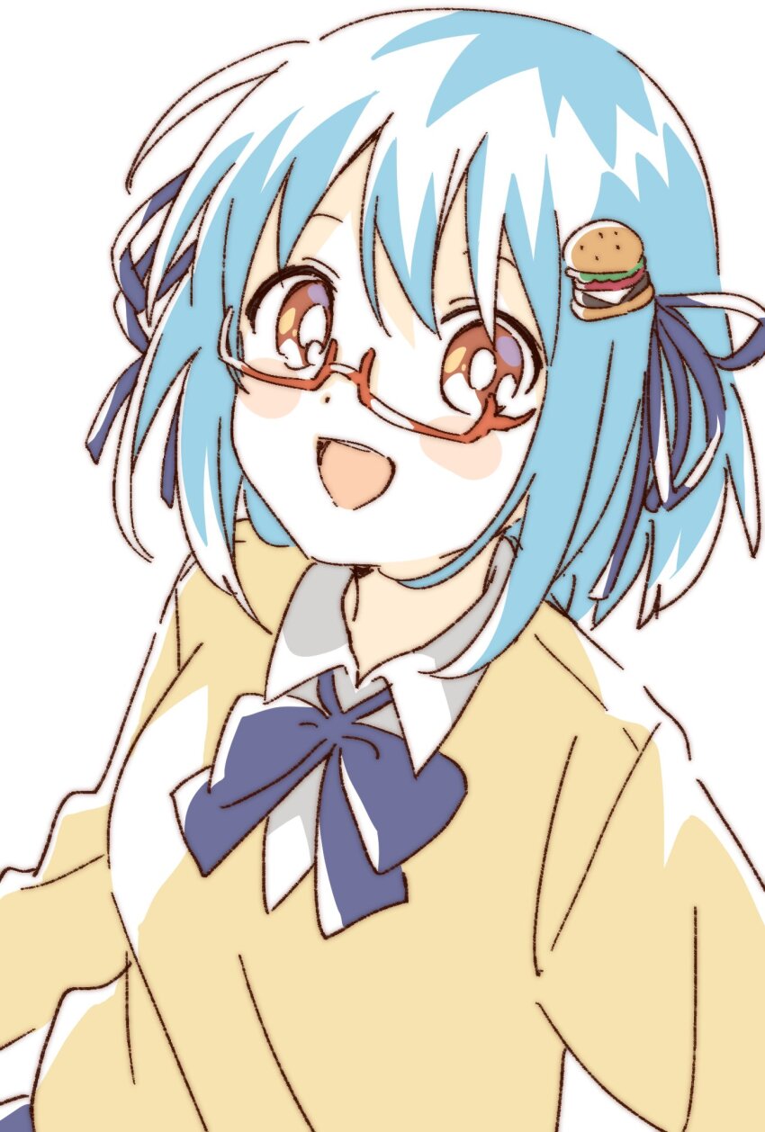 1girl blue_bow blue_bowtie blue_hair blue_ribbon blush_stickers bow bowtie breasts burger_hair_ornament cardigan collared_shirt commentary food-themed_hair_ornament glasses hair_ornament hair_ribbon hamburger-chan_(hundredburger) highres looking_at_viewer namori open_mouth orange-framed_eyewear orange_eyes original ribbon school_uniform semi-rimless_eyewear shirt short_hair smile solo teeth upper_teeth_only white_shirt yellow_cardigan