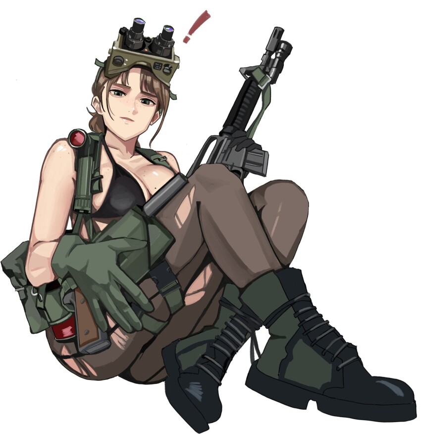 1girl ass assault_rifle black_pantyhose body_freckles boots breasts brown_hair carbine cleavage colt_commando combat_boots eyewear_on_head freckles gloves gun handgun highres m1911 medium_breasts metal_gear_(series) metal_gear_solid_v:_the_phantom_pain night_vision_device pantyhose quiet_(metal_gear) rifle simple_background suppressor torn_clothes torn_pantyhose wani_(perfect_han) weapon white_background