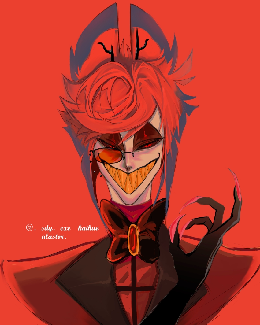 1boy absurdres alastor_(hazbin_hotel) black_sclera colored_sclera deer_boy escape932 evil_grin evil_smile formal_clothes grin hazbin_hotel highres looking_at_viewer monocle red_eyes red_hair red_suit sharp_teeth smile solo suit teeth yellow_teeth