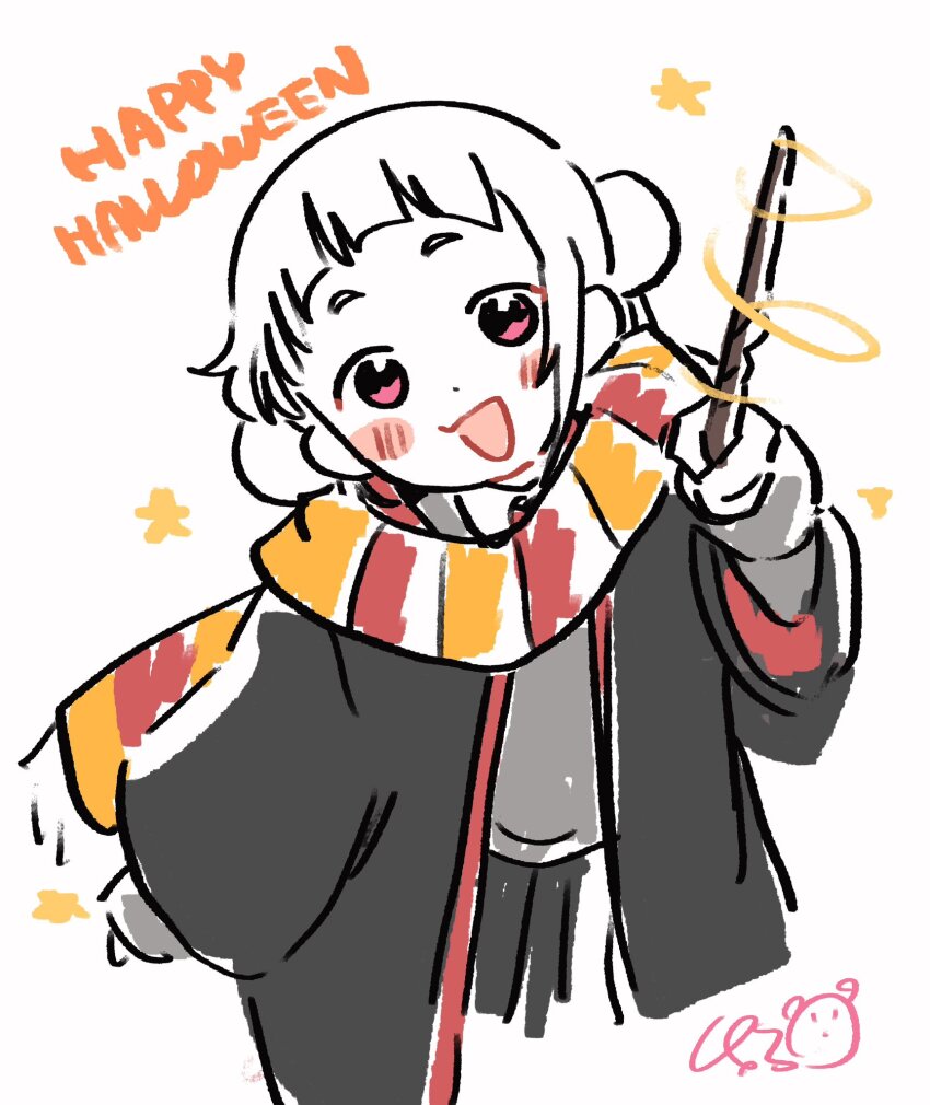 1girl :d arashi_chisato arched_bangs black_skirt blush cloak collared_shirt commentary double_bun dress_shirt grey_sweater gryffindor hair_bun happy_halloween harry_potter_(series) highres hogwarts_school_uniform holding holding_wand hood hooded_cloak long_hair long_sleeves looking_at_viewer love_live! love_live!_superstar!! magic open_mouth pink_eyes red_scarf scarf school_uniform shirt signature simple_background skirt smile solo star_(symbol) sweater symbol-only_commentary taneda_yuuta twintails two-tone_scarf wand white_background white_hair white_shirt wizarding_world yellow_scarf