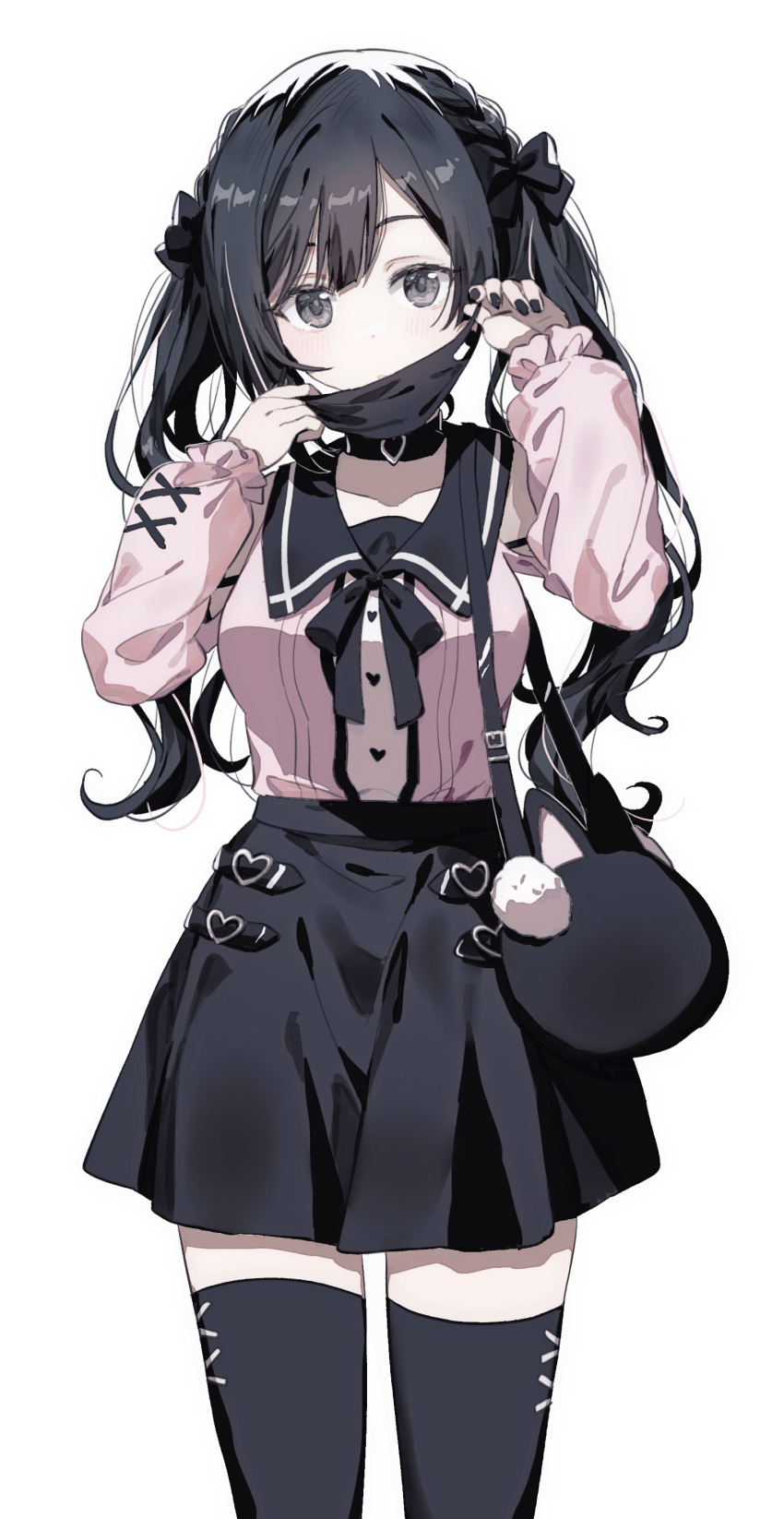 1girl absurdres black_bow black_bowtie black_collar black_hair black_mask black_nails black_scrunchie black_skirt black_thighhighs bow bowtie breasts collar curly_hair dot_nose frilled_sleeves frills grey_eyes heart highres jirai_kei long_hair long_sleeves looking_at_viewer love_live! love_live!_nijigasaki_high_school_idol_club mask medium_breasts migolu nail_polish pink_shirt removing_mask scrunchie shirt simple_background skirt solo standing thighhighs twintails white_background yuki_setsuna zettai_ryouiki