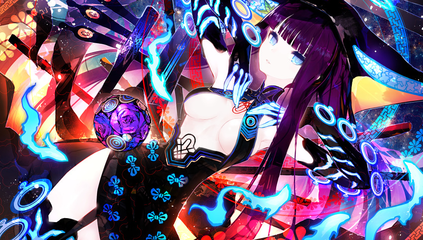 1girl black_dress blue_eyes blue_fire blunt_bangs breasts china_dress chinese_clothes dress fate/grand_order fate_(series) fire gloves highres kusakanmuri purple_hair sidelocks solo thighs twintails yang_guifei_(fate) yang_guifei_(third_ascension)_(fate)