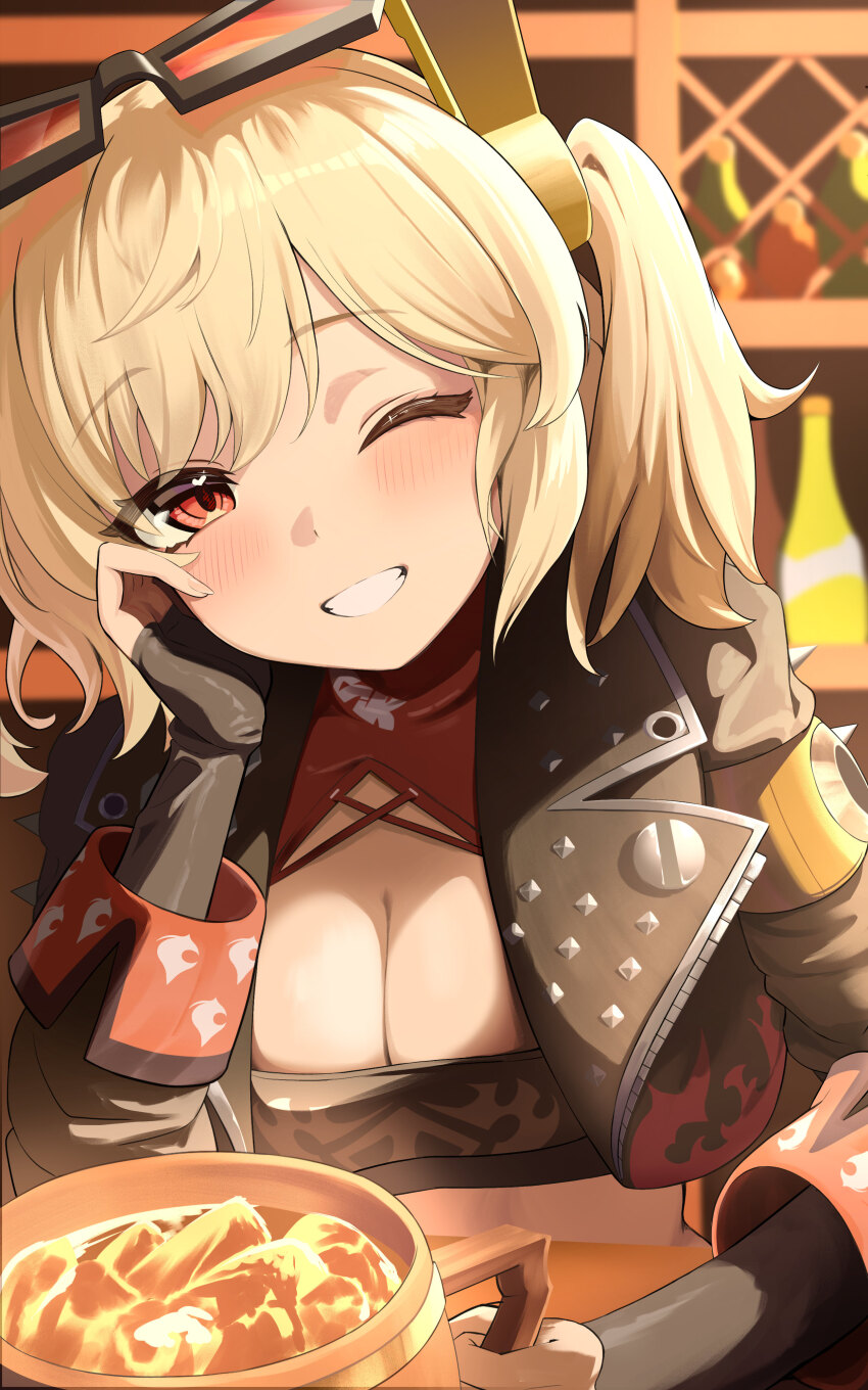 1girl absurdres black_jacket blonde_hair breasts burnice_white commentary_request fingerless_gloves gloves highres jacket kounoud0 one_eye_closed orange-tinted_eyewear red_eyes short_twintails solo spiked_jacket teeth tinted_eyewear twintails zenless_zone_zero