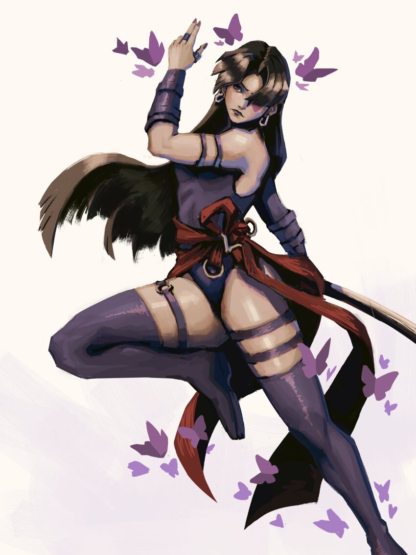 1girl absurdres asianfissureman bare_shoulders breasts bug butterfly elbow_gloves gloves highleg highleg_leotard highres holding holding_sword holding_weapon insect leotard long_hair looking_at_viewer marvel marvel_rivals psylocke purple_eyes purple_hair sash solo superhero_costume sword thighhighs weapon x-men