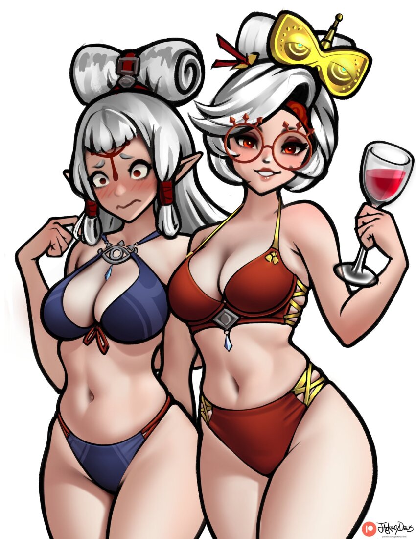 2girls bare_shoulders bikini blue_bikini blush breasts cleavage cup drinking_glass embarrassed glasses hair_ornament highres image_sample jackary large_breasts long_hair midriff multiple_girls navel nintendo paya_(zelda) pointy_ears purah red_bikini red_eyes seductive_smile sheikah short_hair smile swimsuit the_legend_of_zelda the_legend_of_zelda:_tears_of_the_kingdom thighs twitter_sample white_background white_hair wine_glass