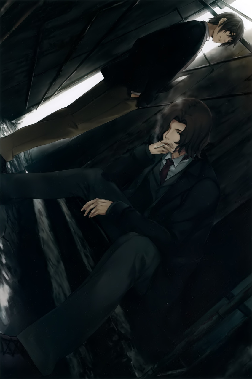 2boys absurdres alley black_hair black_suit cigarette formal_clothes highres holding holding_cigarette innocent_grey kara_no_shoujo_2 looking_down looking_to_the_side male_focus masaki_tomoyuki multiple_boys necktie official_art scan short_hair sitting sitting_on_stairs smoke smoking stairs sugina_miki suit tokisaka_reiji