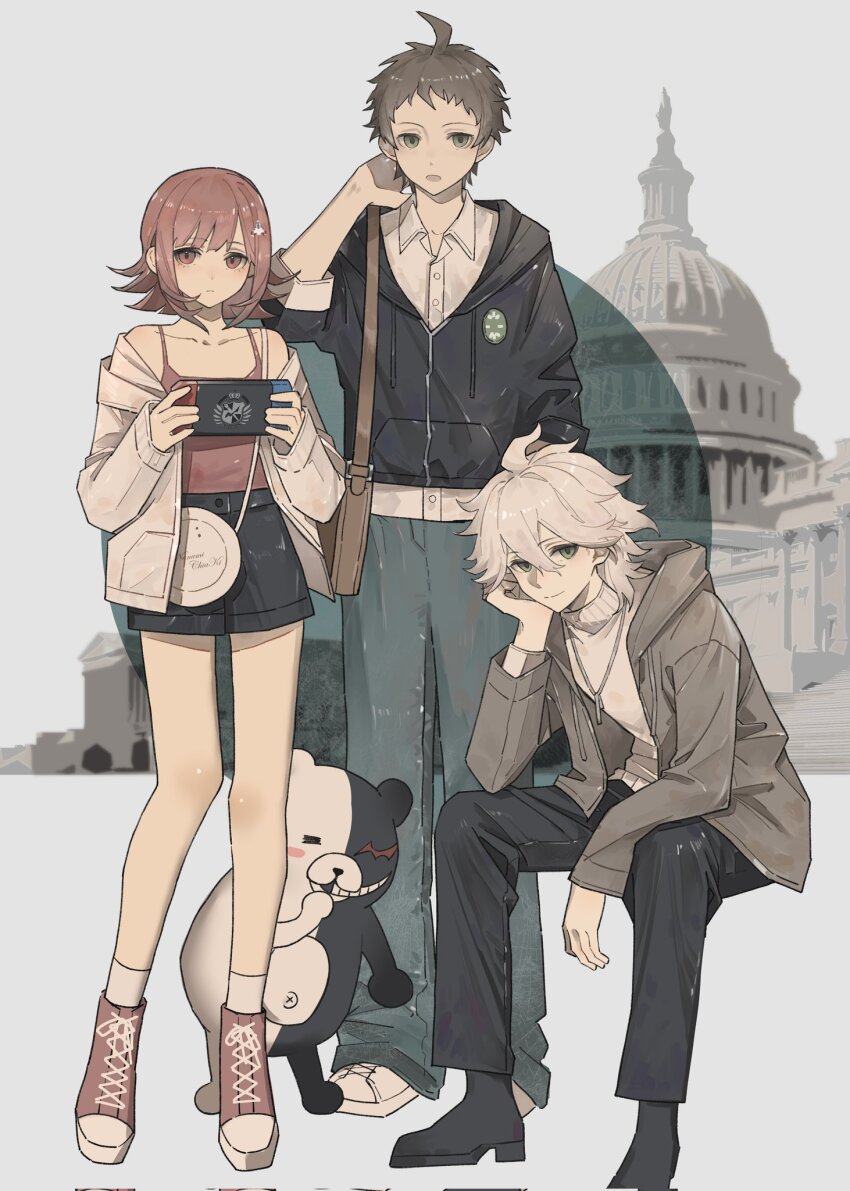 1girl 2boys ahoge black_shorts brown_hair chouti_ttt collarbone collared_shirt danganronpa_(series) danganronpa_2:_goodbye_despair flipped_hair green_jacket grey_hair hair_between_eyes hair_ornament highres hinata_hajime hood jacket jewelry komaeda_nagito long_sleeves looking_at_viewer medium_hair messy_hair monokuma multiple_boys nanami_chiaki necklace official_alternate_costume open_clothes open_jacket open_mouth pants pink_eyes shirt shoes short_hair shorts smile white_shirt