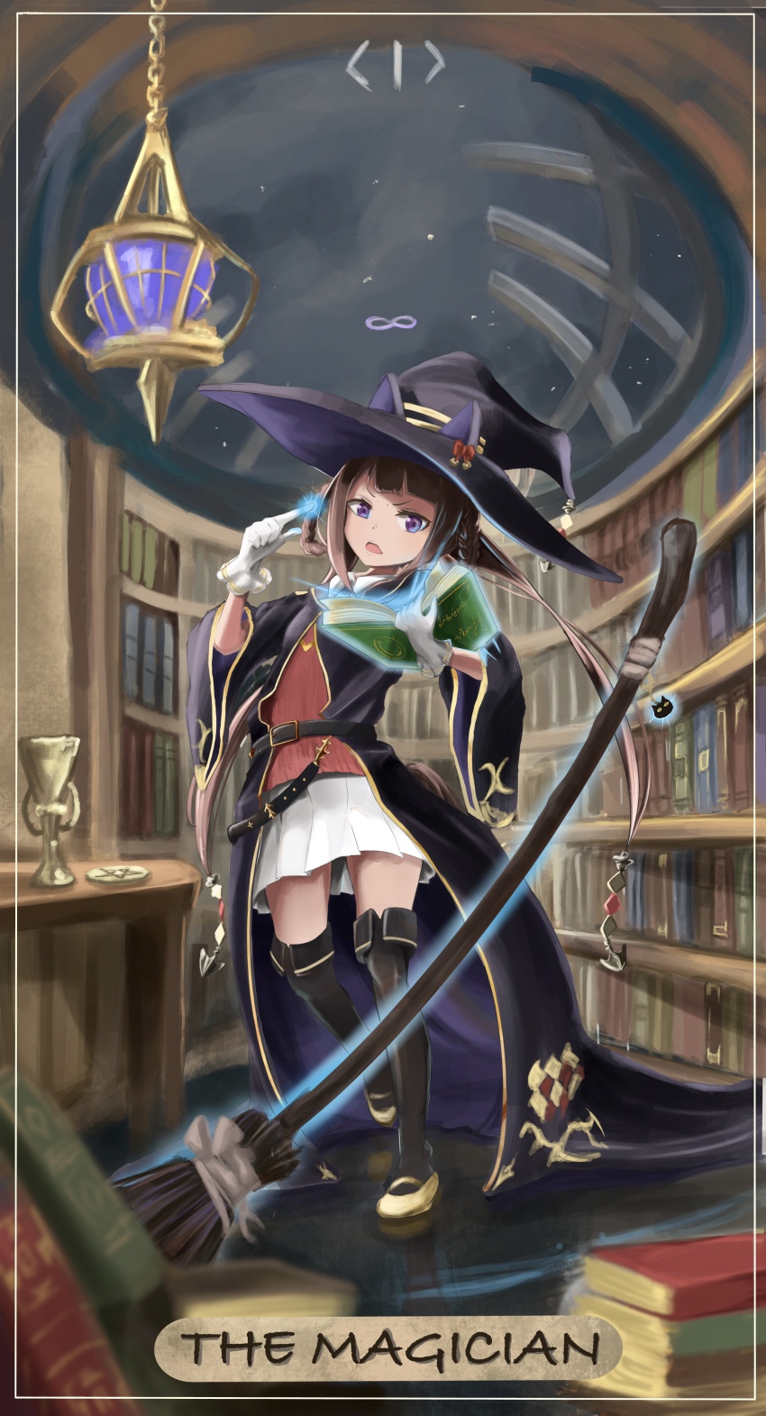 1girl absurdres animal_ears belt black_belt black_cloak black_hat black_thighhighs book broom brown_hair card_(medium) cloak commentary frown full_body gloves hair_rings hat highres holding holding_book horse_ears horse_girl horse_tail indoors library long_hair long_sleeves looking_at_viewer magic mary_janes miniskirt open_mouth pleated_skirt purple_eyes red_shirt ricca_miz shirt shoes skirt solo standing standing_on_one_leg sweep_tosho_(umamusume) tail tarot tarot_(medium) the_magician_(tarot) thighhighs twintails umamusume white_gloves white_skirt wide_sleeves witch_hat yellow_footwear