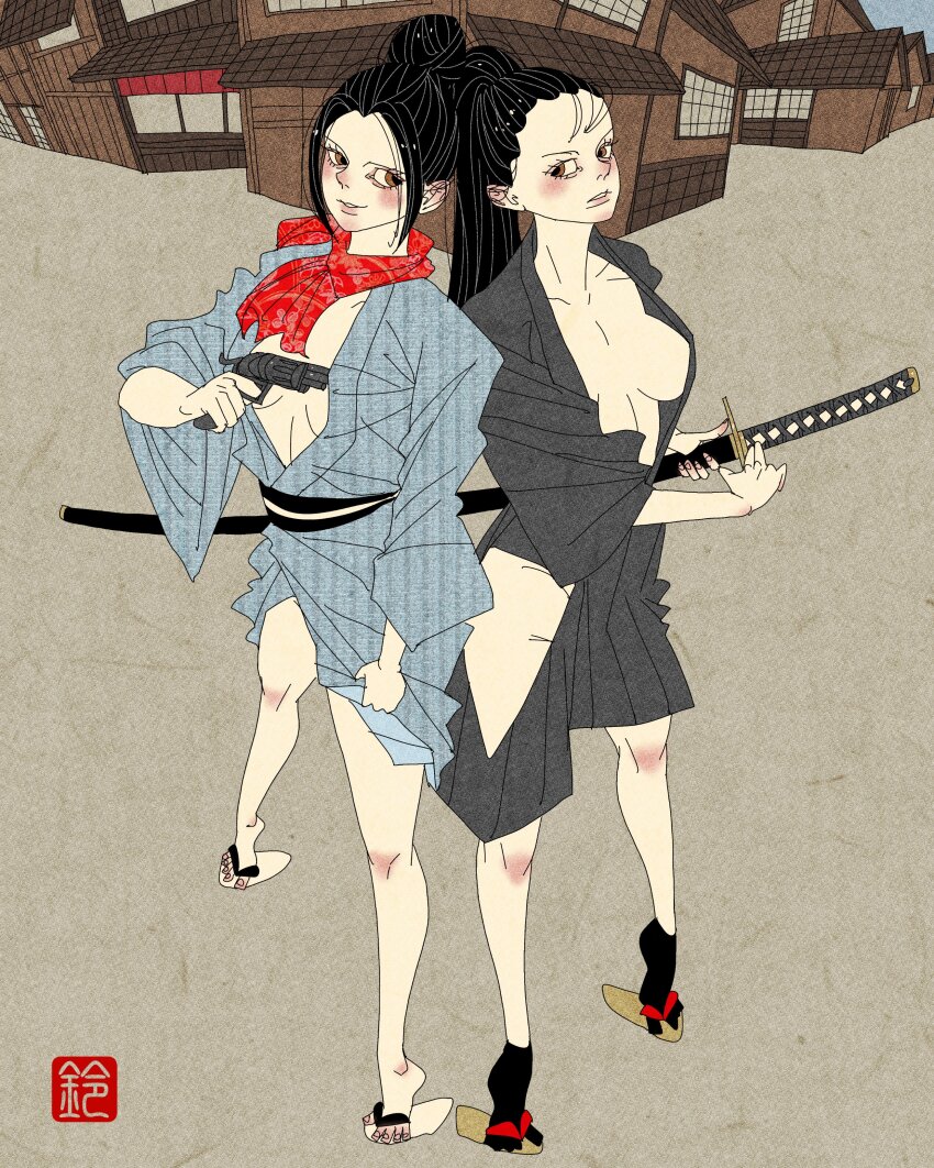 2girls absurdres black_hair black_socks breasts brown_eyes city_background cleavage fine_art_parody forehead full_body genderswap genderswap_(mtf) gun hair_bun hand_on_sheath handgun highres holding_revolver inkan japanese_clothes katana kimono long_hair looking_at_another medium_breasts multiple_girls neckerchief nihonga no_bra no_panties open_clothes open_kimono parody parted_bangs parted_lips ponytail revolver sandals sei5osuzuki side-by-side socks sword tabi tiptoes weapon yojimbo_(movie)