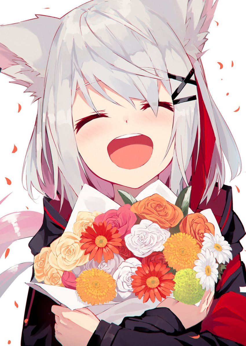 1girl ^_^ animal_ear_fluff animal_ears black_jacket blush bouquet closed_eyes colored_inner_hair flower fox_ears fox_girl grey_hair highres holding holding_bouquet hood hooded_jacket jacket lee_siu multicolored_hair nagishiro_mito nijisanji nijisanji_kr open_mouth orange_flower orange_rose portrait purple_flower purple_rose red_flower red_hair rose smile solo virtual_youtuber white_flower white_rose