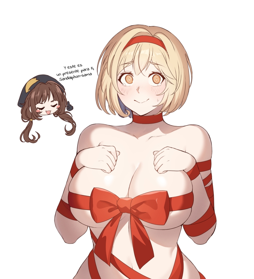 :d @_@ beret blonde_hair blush blush_stickers breasts brown_hair chibi chibi_inset choker cleavage closed_eyes cowboy_shot crying crying_with_eyes_open curvy djeeta_(granblue_fantasy) embarrassed facing_viewer granblue_fantasy hands_on_own_chest hat headband highres huge_breasts naked_ribbon open_mouth orange_eyes raziel_(granblue_fantasy) red_choker red_headband ribbon short_hair sinnitoksi smile spanish_text sweat sweatdrop tears translated twintails white_background