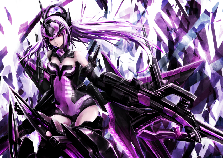 10s 1girl :i bare_shoulders breasts busou_shinki cleavage expressionless female_focus headgear highres huge_weapon leotard light_purple_hair long_hair looking_down mecha_musume navel painfultree purple_background purple_hair red_eyes solo tempesta weapon