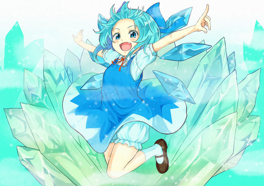 1girl :d black_footwear bloomers blue_dress blue_eyes blue_hair bow cirno dress fang female_focus fog full_body futao_(nibbles-wabina) ice ice_wings jumping mary_janes matching_hair/eyes open_mouth outstretched_arms puffy_sleeves ribbon shoes short_sleeves smile socks solo spread_arms touhou underwear wings