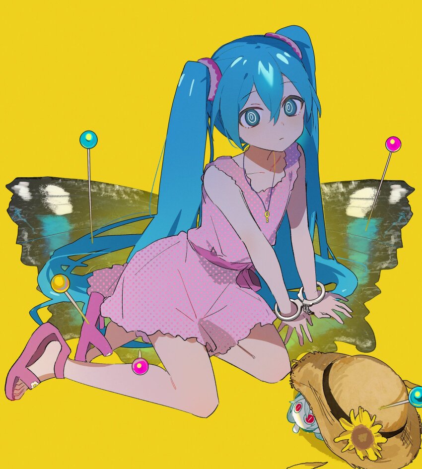 1girl @_@ aimaina blue_eyes blue_hair bug butterfly butterfly_wings cuffs dress flower handcuffs hassan_(sink916) hat hatsune_miku highres insect insect_pin insect_wings jewelry key key_necklace kodomo_no_shikumi_(vocaloid) long_hair looking_at_viewer necklace needle pink_dress ribbon sandals sleeveless straw_hat sundress sunflower twintails vocaloid wings yellow_background