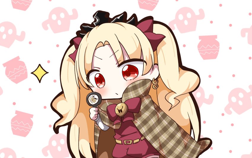 1girl absurdres blonde_hair blush bow cactus cape closed_mouth commentary_request earrings ereshkigal_(fate) fate/grand_order fate_(series) female_focus hair_bow highres holding infinity_symbol jako_(jakoo21) jewelry long_hair long_sleeves magnifying_glass parted_bangs plaid_cape plaid_clothes pot red_bow red_eyes short_jumpsuit solo sparkle tiara tohsaka_rin two_side_up very_long_hair white_background