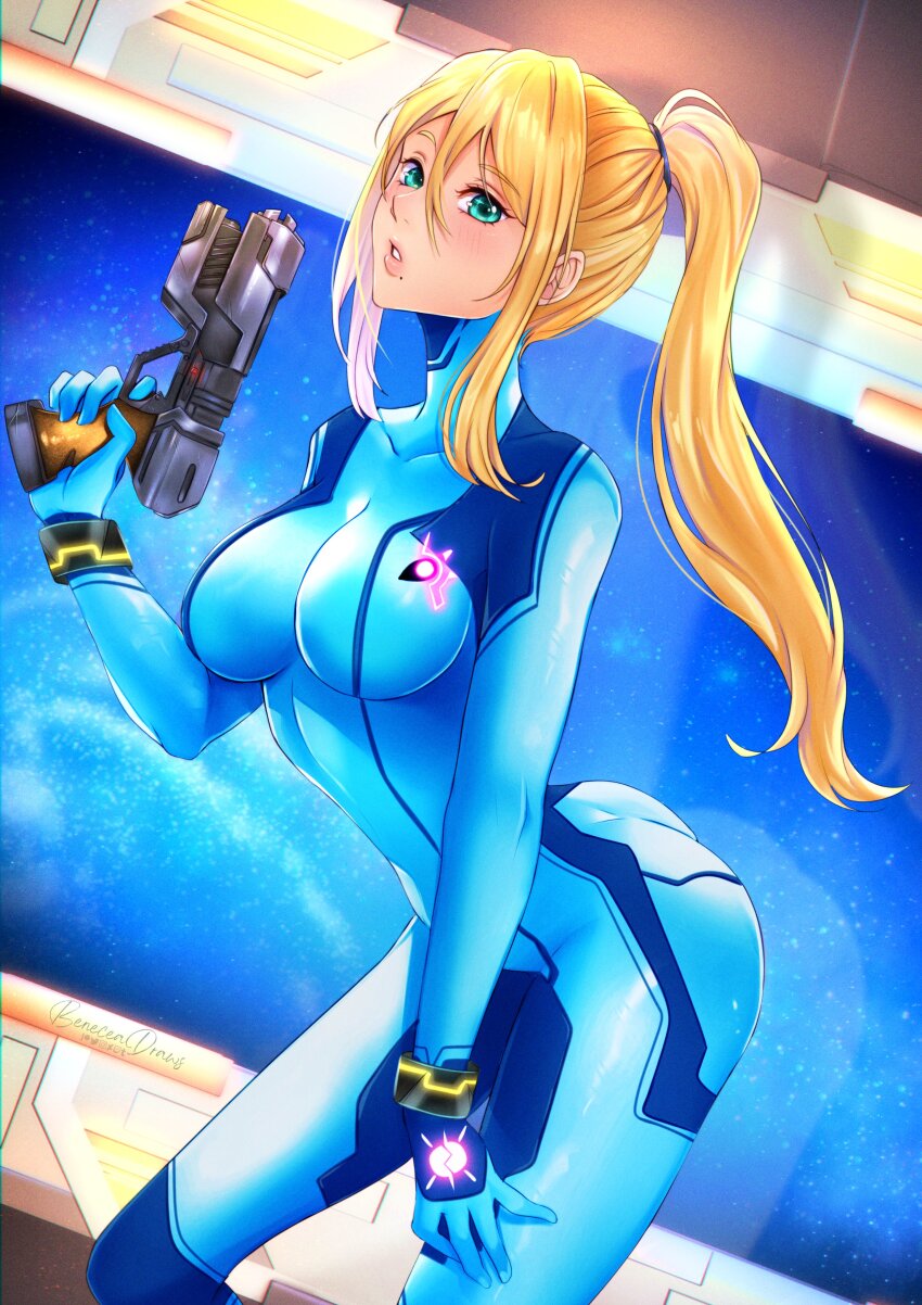 1girl absurdres aqua_eyes ass beneceadraws blonde_hair blue_bodysuit bodysuit breasts commentary english_commentary finger_on_trigger gun handgun highres holding holding_gun holding_weapon large_breasts long_hair metroid mole mole_under_mouth nintendo paralyzer parted_lips ponytail samus_aran solo space weapon window zero_suit