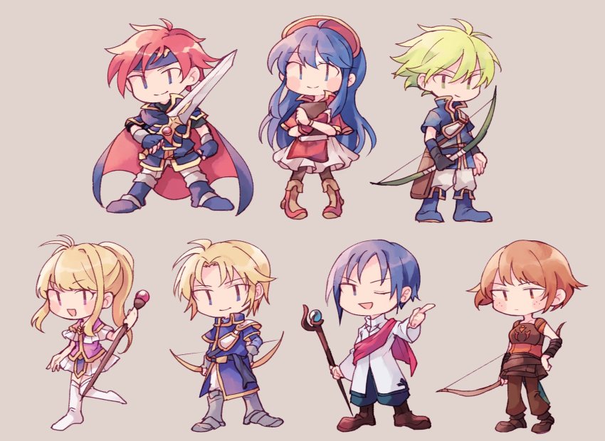 3girls 4boys armor bad_id bad_twitter_id blue_eyes blue_hair blush chibi clarine_(fire_emblem) couple dorothy_(fire_emblem) dress fire_emblem fire_emblem:_the_binding_blade fire_emblem_heroes hat highres jewelry klein_(fire_emblem) lilina_(fire_emblem) long_hair multiple_boys multiple_girls nintendo open_mouth red_hair roy_(fire_emblem) saul_(fire_emblem) short_hair simple_background smile sushitarou wolt_(fire_emblem)