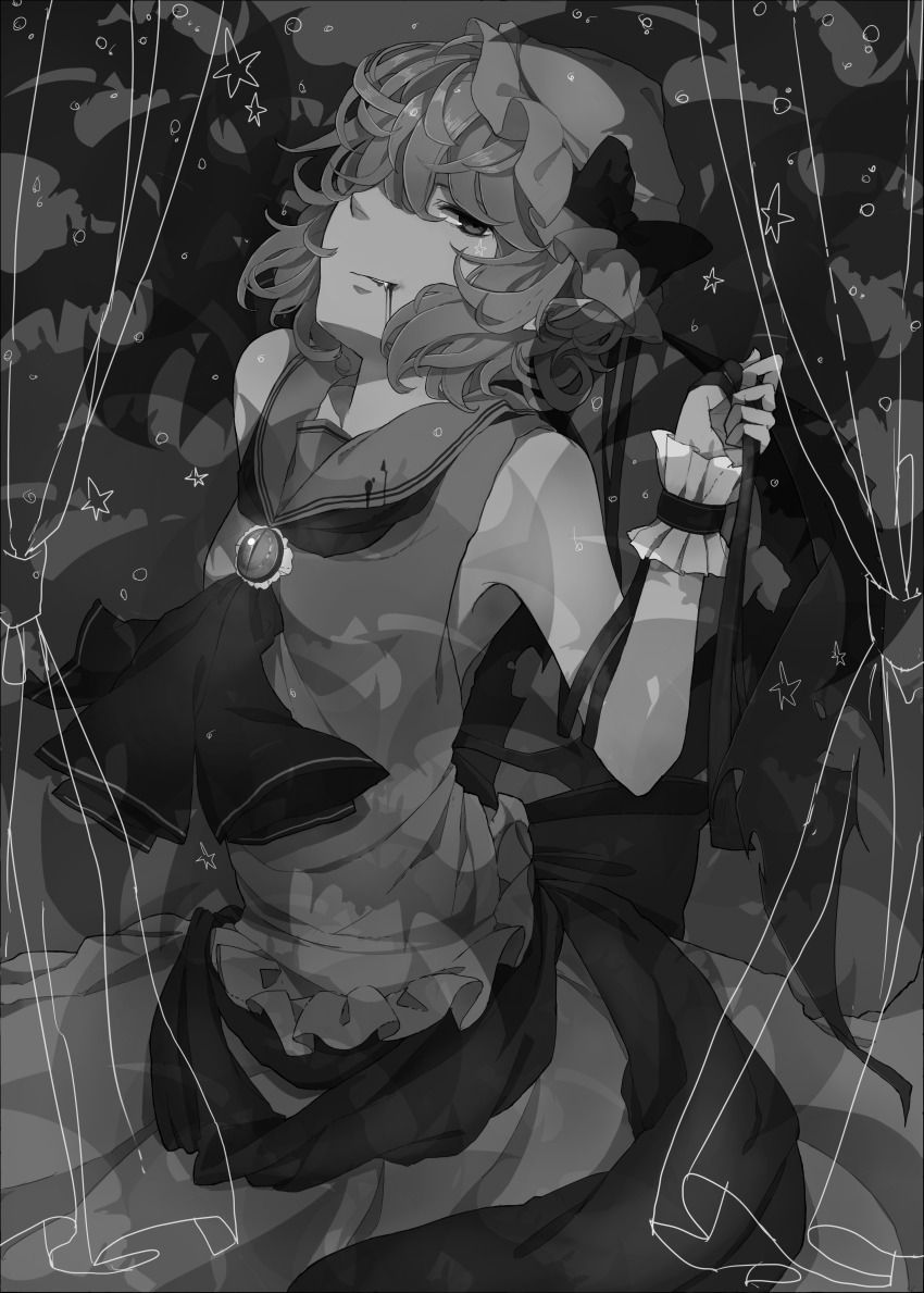 1girl absurdres azya bad_id bad_pixiv_id bare_shoulders blood dress fang female_focus greyscale grin hat head_tilt highres monochrome remilia_scarlet short_hair smile solo star_(symbol) touhou