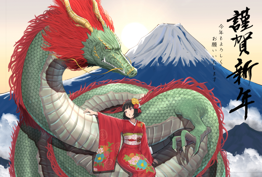 2024 absurdres black_hair chinese_zodiac dragon floral_print flower hair_flower hair_ornament hair_ribbon happy_new_year highres japanese_clothes kimono looking_at_another mount_fuji nengajou new_year open_mouth original red_eyes red_kimono ribbon short_hair take978733141 wide_sleeves year_of_the_dragon