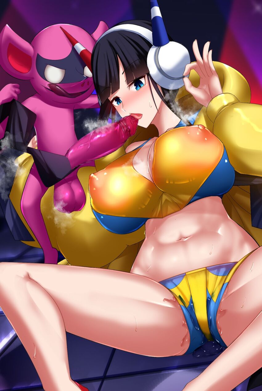 bestiality big_shine breasts censored creatures_(company) elesa_(pokemon) fellatio game_freak gen_8_pokemon highres impidimp large_breasts licking licking_penis mosaic_censoring nintendo oral penis pokemon pokemon_bw2