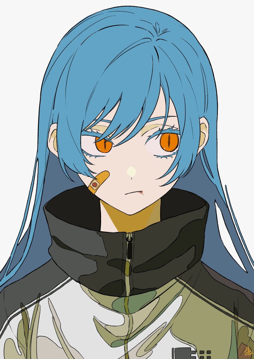 1girl bandaid bandaid_on_face black_jacket blood blood_from_mouth blood_on_face blue_hair colored_eyelashes hair_behind_ear highres jacket long_hair looking_to_the_side multicolored_clothes multicolored_jacket orange_eyes original simple_background slit_pupils tsukii_(t_s_u_k_i_i) white_background white_jacket