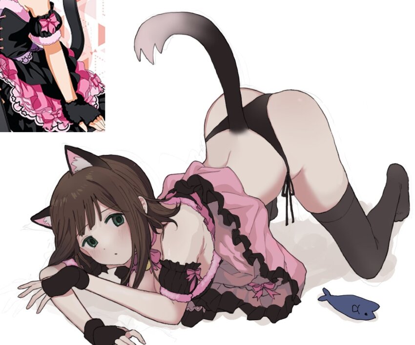 1girl 8_8ghost amami_haruka animal_ear_fluff animal_ears armpit_crease ass bare_shoulders bell black_gloves black_panties black_thighhighs blush breasts brown_hair cat_ears cat_tail cleavage clothes_lift detached_sleeves dot_nose dress dress_lift fake_animal_ears fake_tail fingerless_gloves fish gloves green_eyes idolmaster idolmaster_(classic) idolmaster_million_live! idolmaster_million_live!_theater_days looking_at_viewer median_furrow medium_breasts medium_hair neck_bell nyannyan_cat&#039;s_eye_(idolmaster) official_alternate_costume panties parted_lips pink_ribbon puffy_detached_sleeves puffy_sleeves reference_inset ribbon shadow side-tie_panties sidelocks simple_background solo tail thighhighs top-down_bottom-up underwear white_background